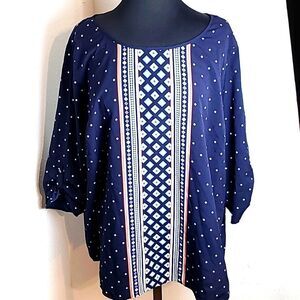 Croft & Barrow Navy Top w/ White Dots & Colorful Designs Down Center, Size 2X